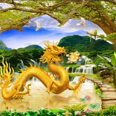 tranh gạch 3d rồng bay xuống núi